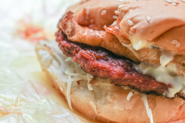 beef burger with egg closeup
