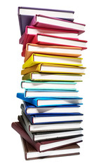 Books. A lot of books with bright covers in one pile isolated on white background. Design element, paper and leather texture. Colorful books on the shelf, close up