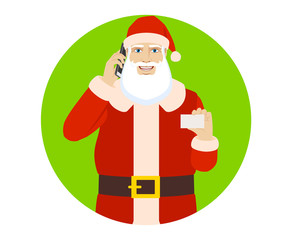 Santa Claus talking on the mobile phone and showing the business card