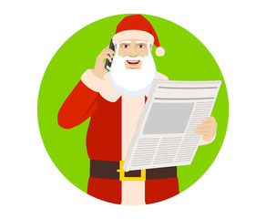 Santa Claus with newspaper talking on the mobile phone