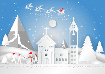 Winter season with snowflake, house, child and snowman, Vector illustration of Merry Christmas, paper art style.