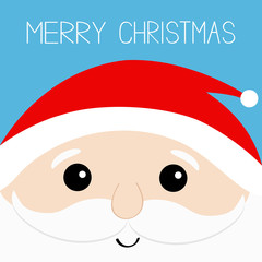 Merry Christmas. Santa Claus head face. Beard, moustaches, white eyebrows, red hat. Cute cartoon kawaii funny father character. Blue background. Greeting card.