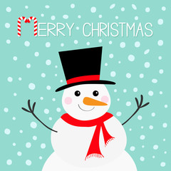 Merry Christmas. Candy cane. Snowman face head, carrot nose, hat, red scarf and snowflakes. Cute cartoon funny kawaii character. Blue winter snow background. Greeting card. Flat design.