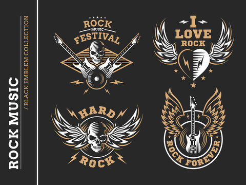 Rock music festival logo, emblem and print collections on a dark background