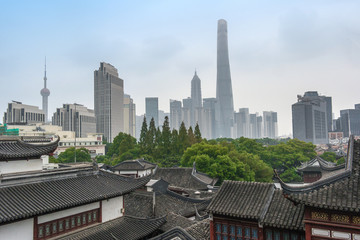 Shanghai skyline view from Yuyuan garden, China
