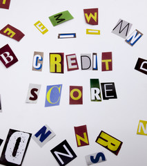 A word writing text showing concept of Credit Score made of different magazine newspaper letter for Business case on the white background with copy space