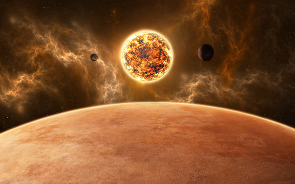 Fototapeta Planets around red dwarf star. New planetary system, 3d illustration