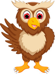 funny owl cartoon posing with laughing and waving
