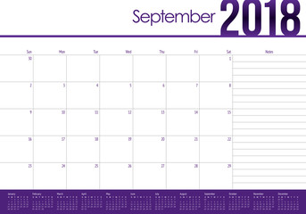 September 2018 planner calendar vector illustration