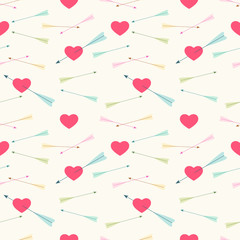 Cute Valentine's Day seamless pattern in retro style with hearts and arrows
