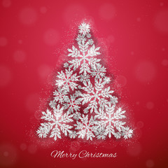 Merry Christmas and Happy New Year greeting card with silver glittering snowflakes frame on red glowing background. 