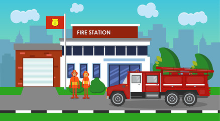 The composition of the fire truck and fire station. Vector illustration.