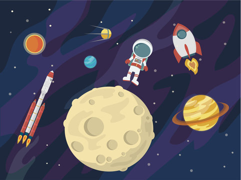 Astronaut in space against the background of stars and planets. Vector illustration.