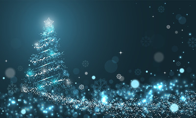Naklejka premium Glowing Christmas tree with snowflakes on blue winter vector background with snow wave, stars and snowflakes.
