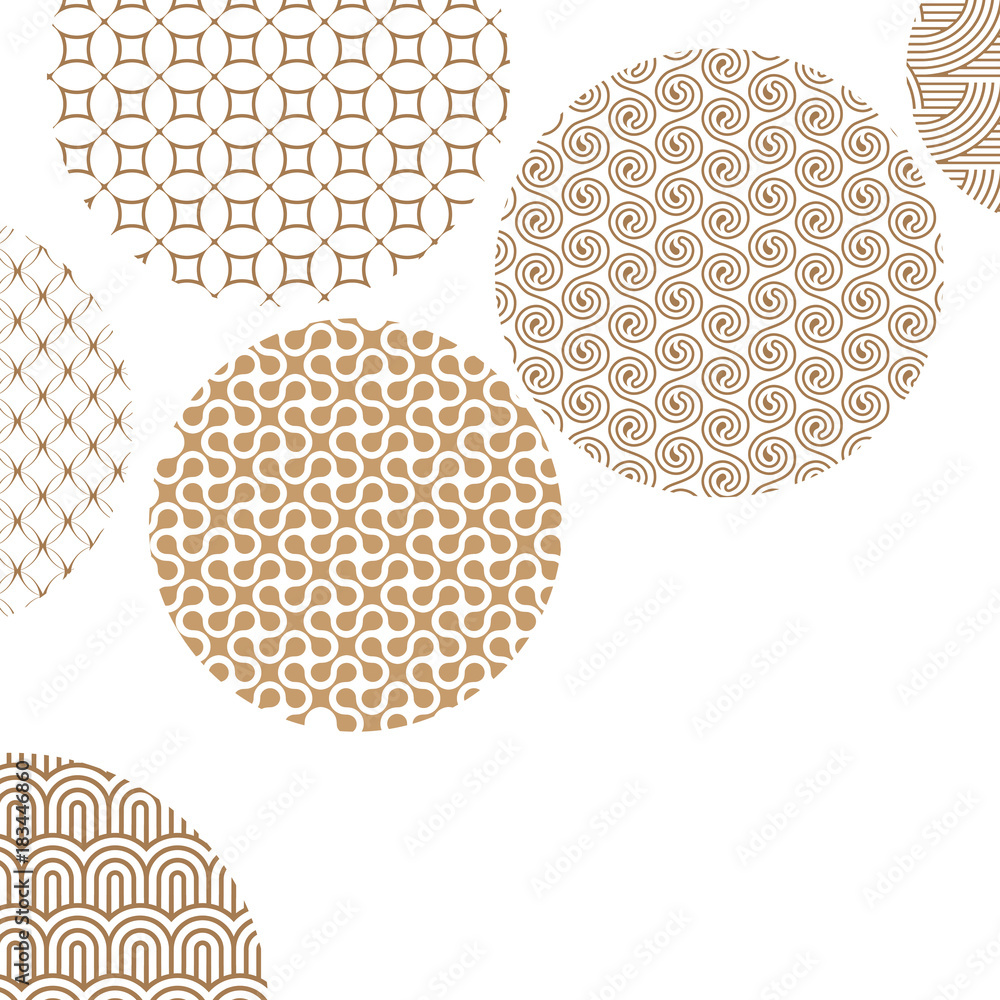 Poster golden circles with different geometric patterns on white with clipping mask