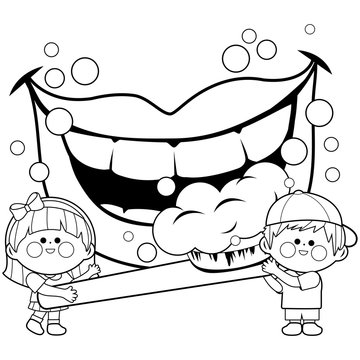 recommend clip art: Children holding a toothbrush and brushing teeth. Vector black and white coloring page.
