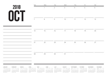 October 2018 planner calendar vector illustration