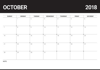 October 2018 planner calendar vector illustration