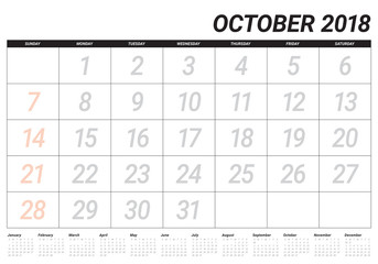 October 2018 planner calendar vector illustration