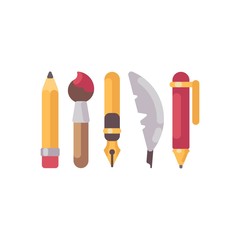 Set of writing and drawing tools flat icons. Pencil, pens, feather and paintbrush