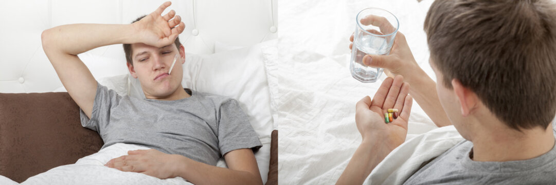 konzept kranker mann mi&szlig;t fieber und therapiert sich selbst mit medikamenten