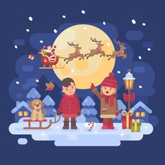 Two children with dog playing outside on a snowy winter night. Boy with a sled and a puppy. Girl pointing at Santa Claus in a sleigh with reindeer. Christmas characters greeting card flat illustration