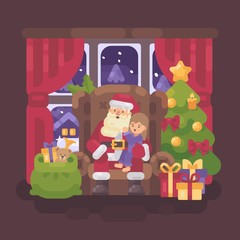 Santa Claus sitting in a chair in a cozy room with a little girl in his lap whispering into his ear. Christmas character greeting card flat illustration