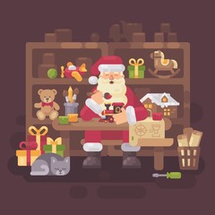 Santa Claus sitting at the desk in his workshop making toys for kids. Christmas flat illustration