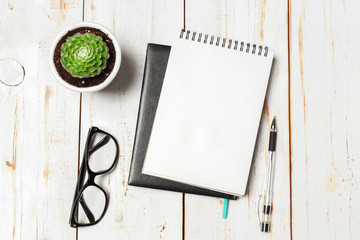 Succulent and Notebook paper in pot on table