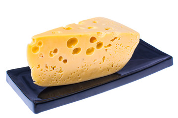 Piece of delicious hard cheese on white background