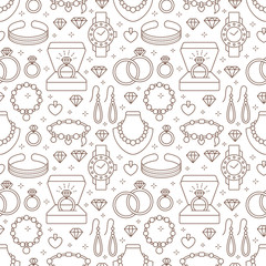 Jewelry seamless pattern, line illustration. Vector flat icons of jewels accessories - gold engagement rings, diamond, pearl necklaces, charms, watches. Fashion store repeated background.