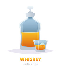 Bourbon whiskey bottle and glass with ice. Alcohol drink. Vector illustration in cartoon style