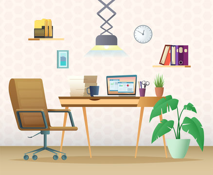 A modern home office. Workspace designed in cartoon style