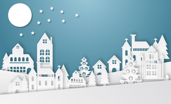 Winter Snow Urban Countryside Landscape City Village with ful lm. Winter holiday snow in city town background with santa, deer and tree. Christmas season paper art style illustration.
