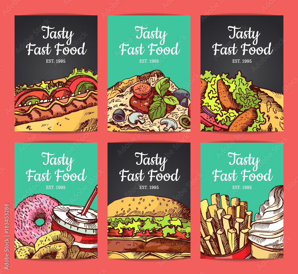 Poster vector card templates set with hand drawn fast food elements and place for text