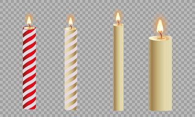 Candles flame realistic set isolated on dark background vector 3d illustration