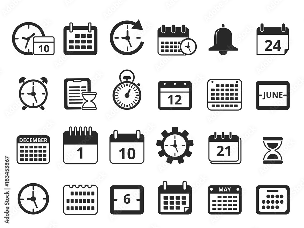 Poster different monochrome symbols of time management. vector icon set