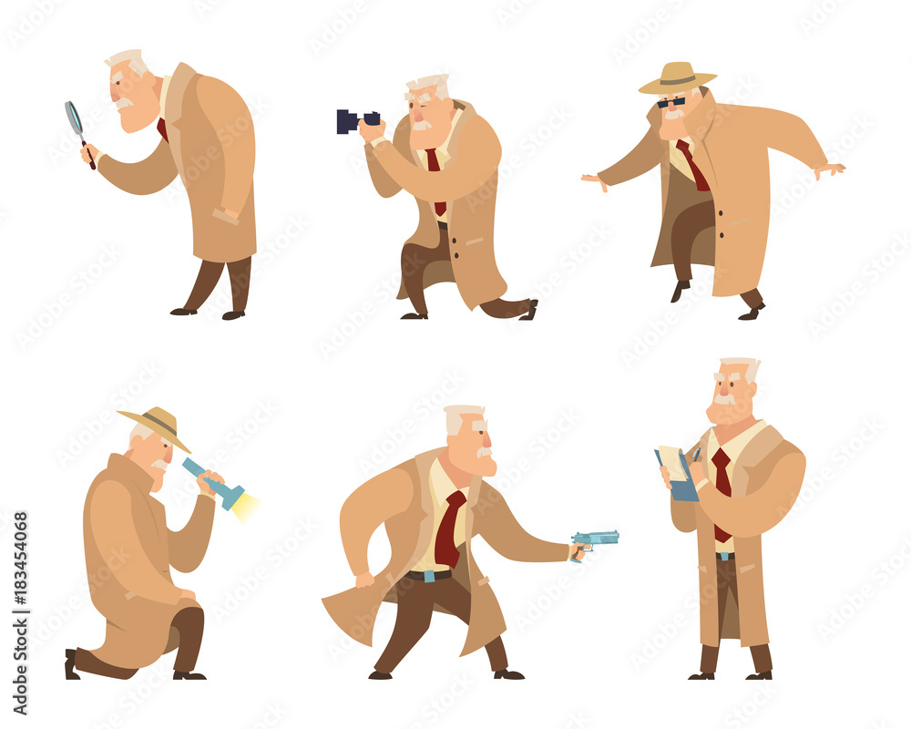 Poster detective in different action pose. vector character in cartoon style