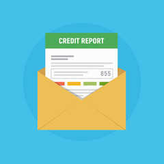 Mail envelope icon with credit report. Send personal credit score information.