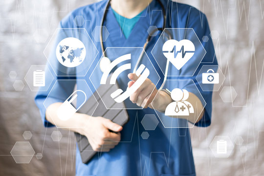 Doctor pushing button phone service virtual healthcare in network medicine web