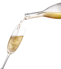 Pour the champagne from the bottle into the wine glass