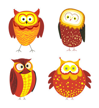 Owls cartoon kid funny characters with feather ornament.