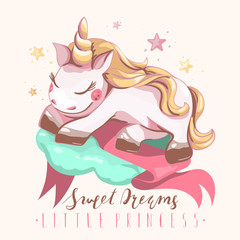 Obraz na płótnie Canvas Cute unicorn, sleeping, dreaming on a mint color cloud with pink ribbon, beautiful stars and lettering, typography. Hand drawn doodle illustration of little princess unicorn baby. Nursery illustration