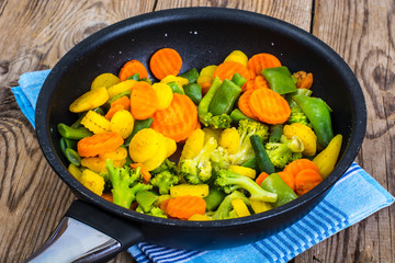 Carrots red and yellow, broccoli, beans in frying pan