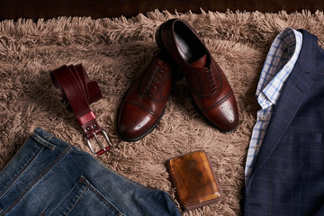 Classic men's clothes such as dark suit jacket