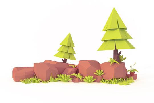 landscape low poly art  isolated tree and rock 3d render