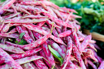 Red and purple Borlotti beans at a Farmer's Market