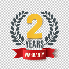 Two Years Warranty background with red ribbon and olive branch.