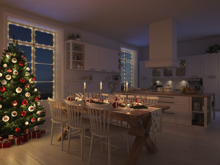 nordic kitchen with christmas decoration by night. 3d rendering