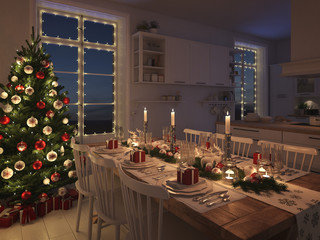 nordic kitchen with christmas decoration by night. 3d rendering
